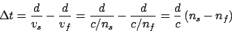 \begin{displaymath}\Delta t = \frac{d}{v_s}-\frac{d}{v_f} = \frac{d}{c/n_s}-\frac{d}{c/n_f} = \frac{d}{c}\left(n_s-n_f\right)\end{displaymath}