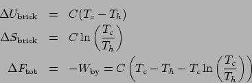 \begin{eqnarray*}
\Delta U_{\mathrm{brick}} &=& C(T_c-T_h)\\
\Delta S_{\mathrm{...
...{by}} = C\left(T_c-T_h-T_c\ln\left(\frac{T_c}{T_h}\right)\right)
\end{eqnarray*}