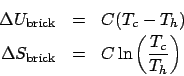 \begin{eqnarray*}
\Delta U_{\mathrm{brick}} &=& C(T_c-T_h)\\
\Delta S_{\mathrm{brick}} &=& C\ln\left(\frac{T_c}{T_h}\right)
\end{eqnarray*}