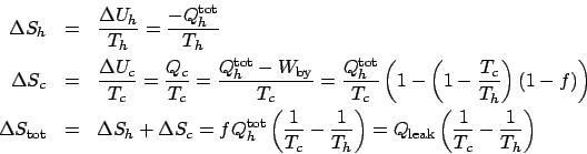 \begin{eqnarray*}
\Delta S_h &=& \frac{\Delta U_h}{T_h} = \frac{-Q_h^{\mathrm{to...
...t) = Q_{\mathrm{leak}}\left(\frac{1}{T_c} - \frac{1}{T_h}\right)
\end{eqnarray*}