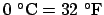 $0 ^\circ\mathrm{C} = 32 ^\circ\mathrm{F}$
