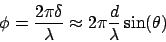 \begin{displaymath}
\phi = \frac{2\pi\delta}{\lambda} \approx 2\pi\frac{d}{\lambda}\sin(\theta)
\end{displaymath}